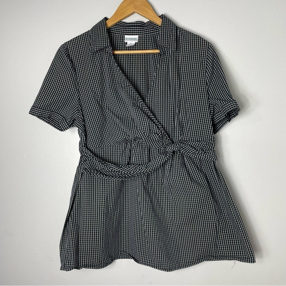Motherhood Maternity L Plaid Checkered Collared Cross Twist Front Elastic Waist